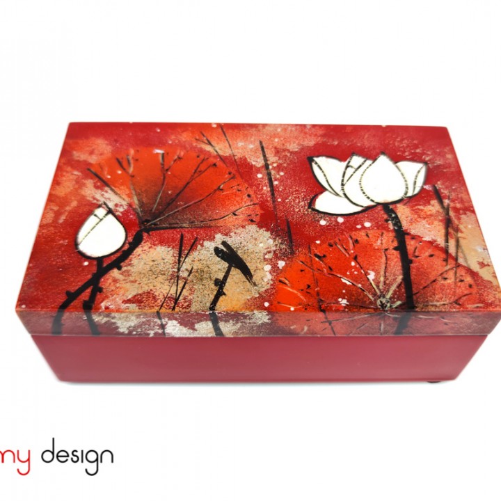 Red rectangular lacquer box hand-painted with lotus pond 8*14*H5 cm